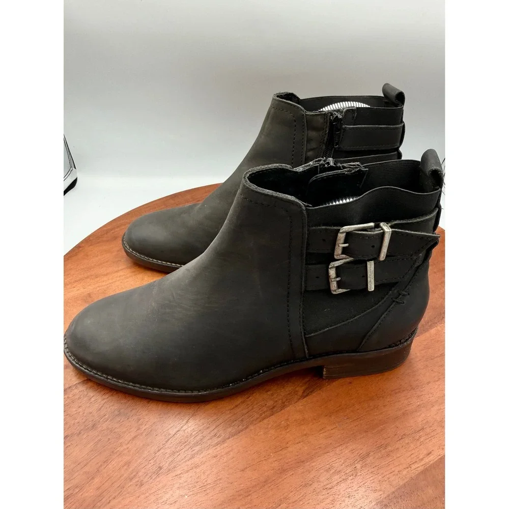 Fat Face Black Leather Buckle Ankle Boots Zip Up Womens 8.5 Boho Western Classic